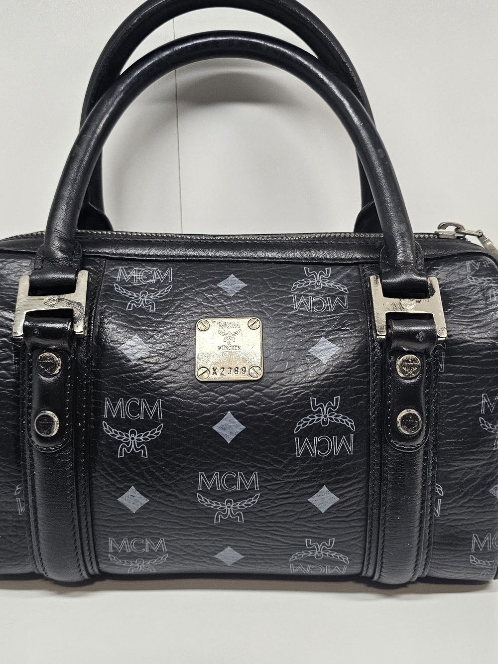 MCM Black Logo Boston Satchel - Signature Monogram